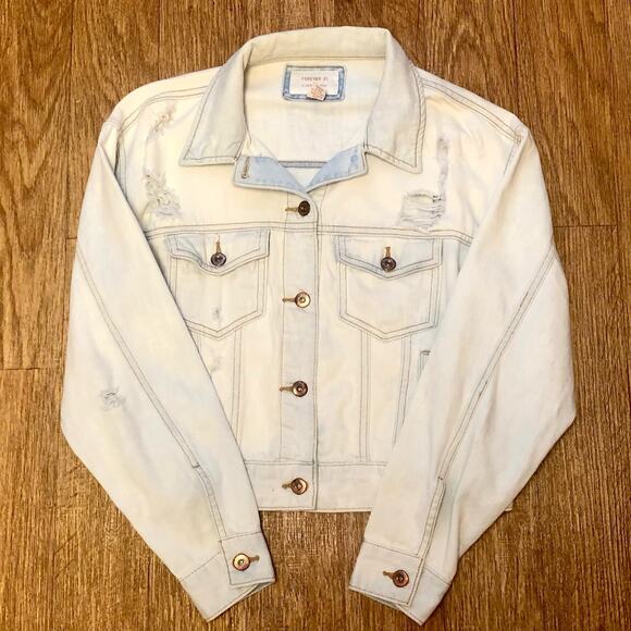 Forever 21 F21 Blue White Light Wash Distressed Jean Jacket Size Small - Picture 1 of 14
